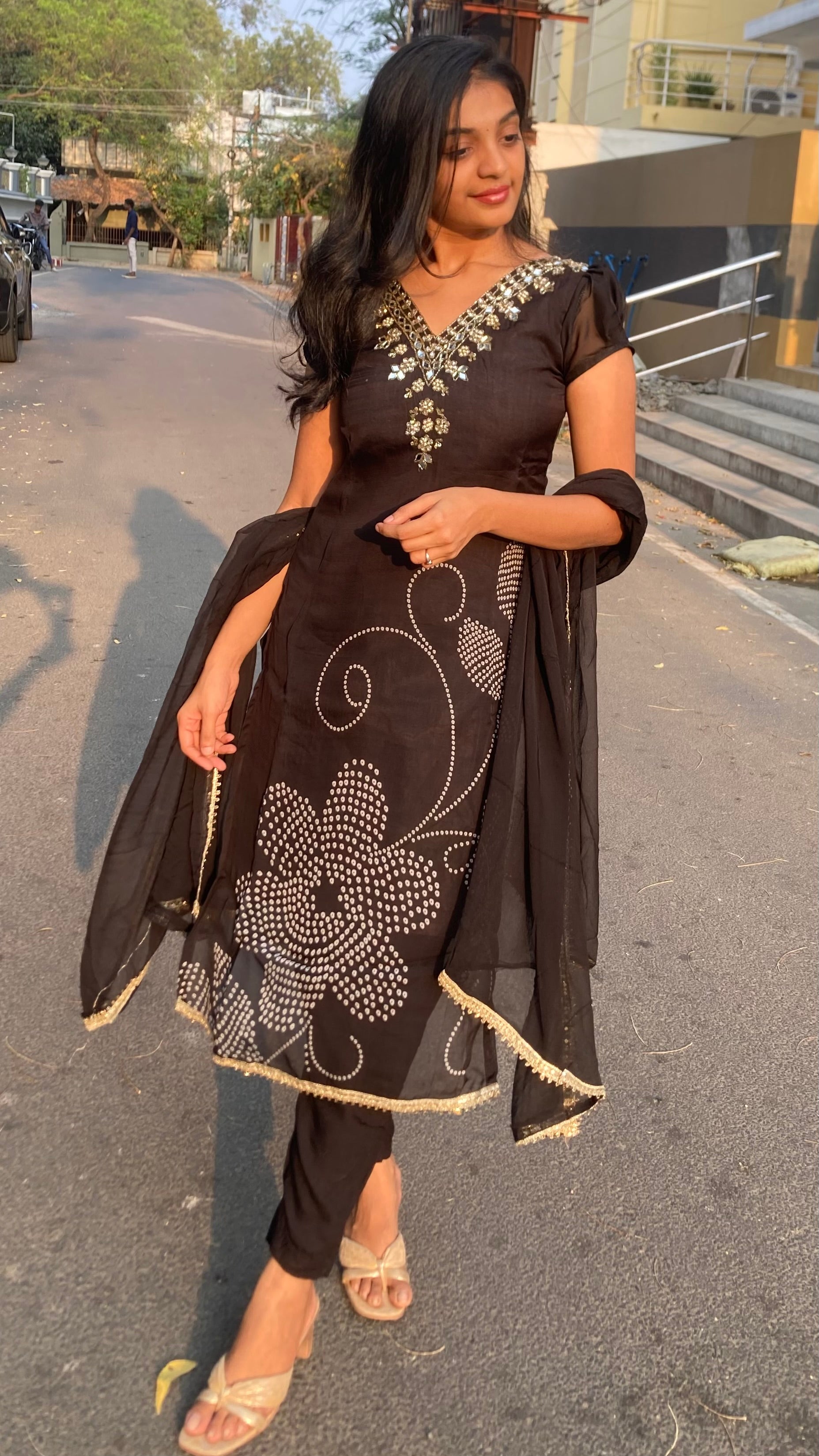 Viscose Organza-Mirror work-bandhini flowers