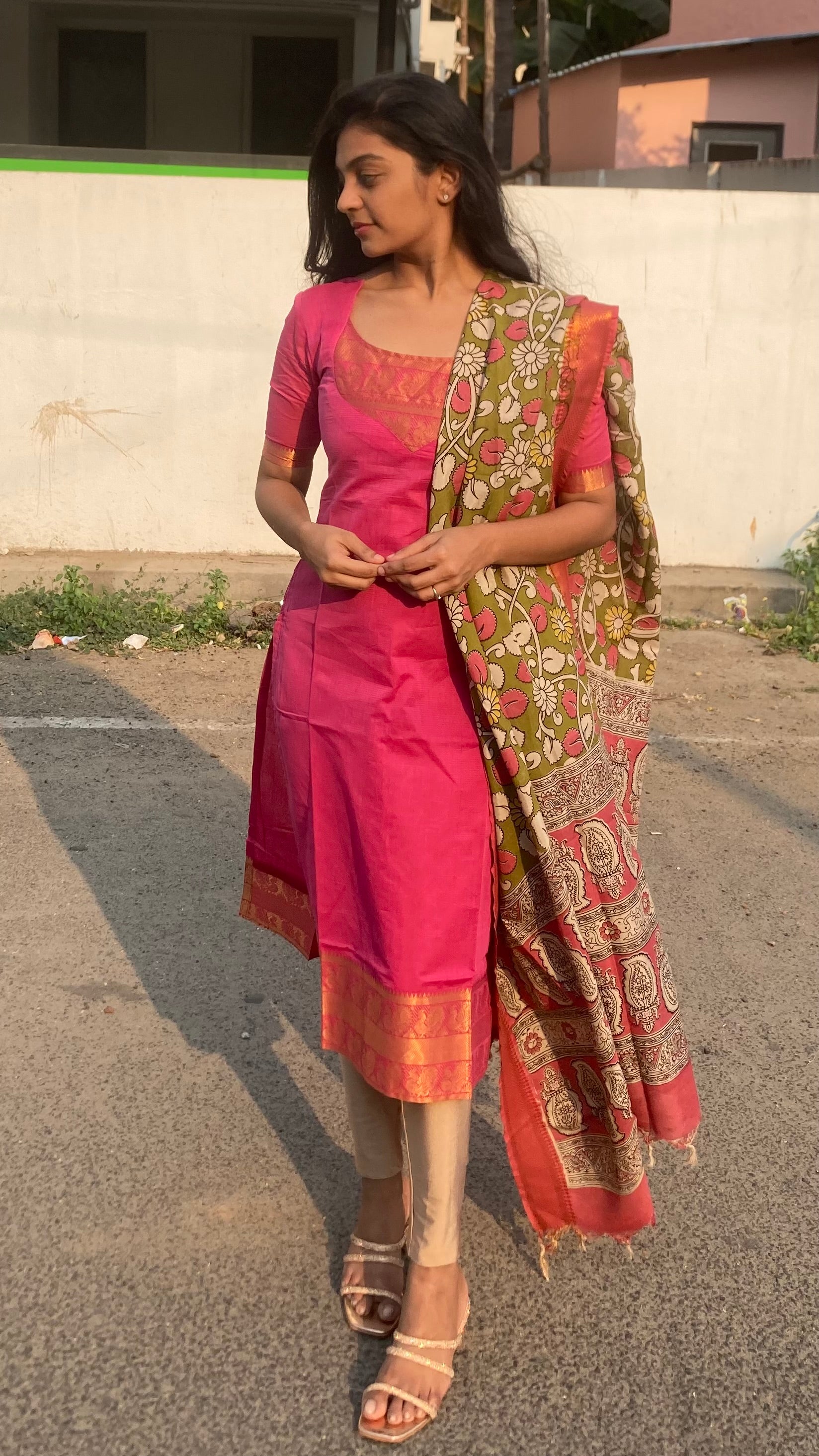 Mangalagiri top+Kalamkari silk shawl