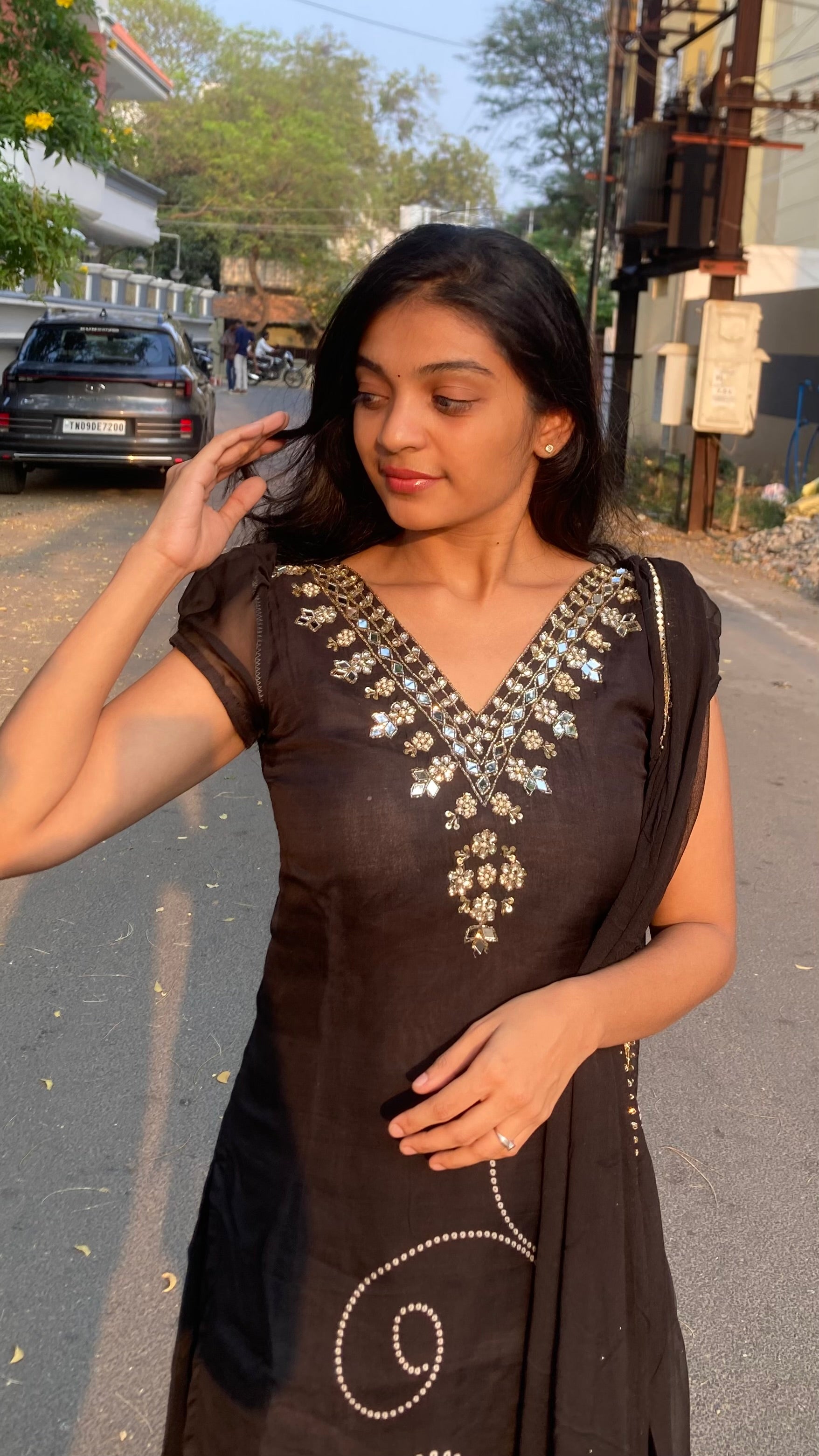 Viscose Organza-Mirror work-bandhini flowers