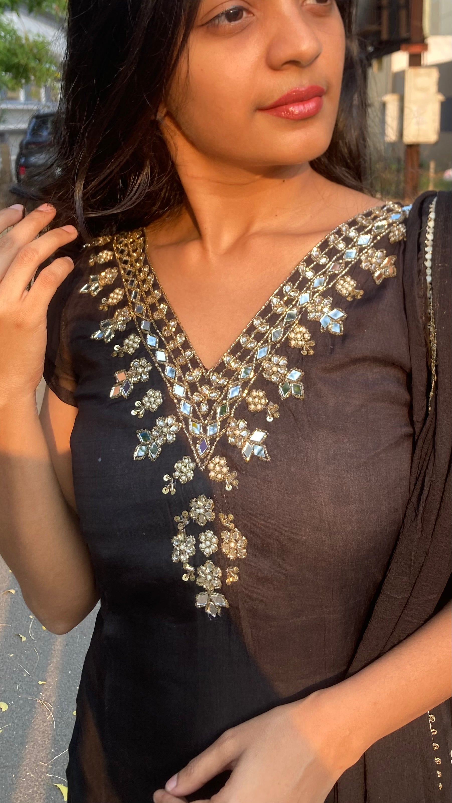 Viscose Organza-Mirror work-bandhini flowers