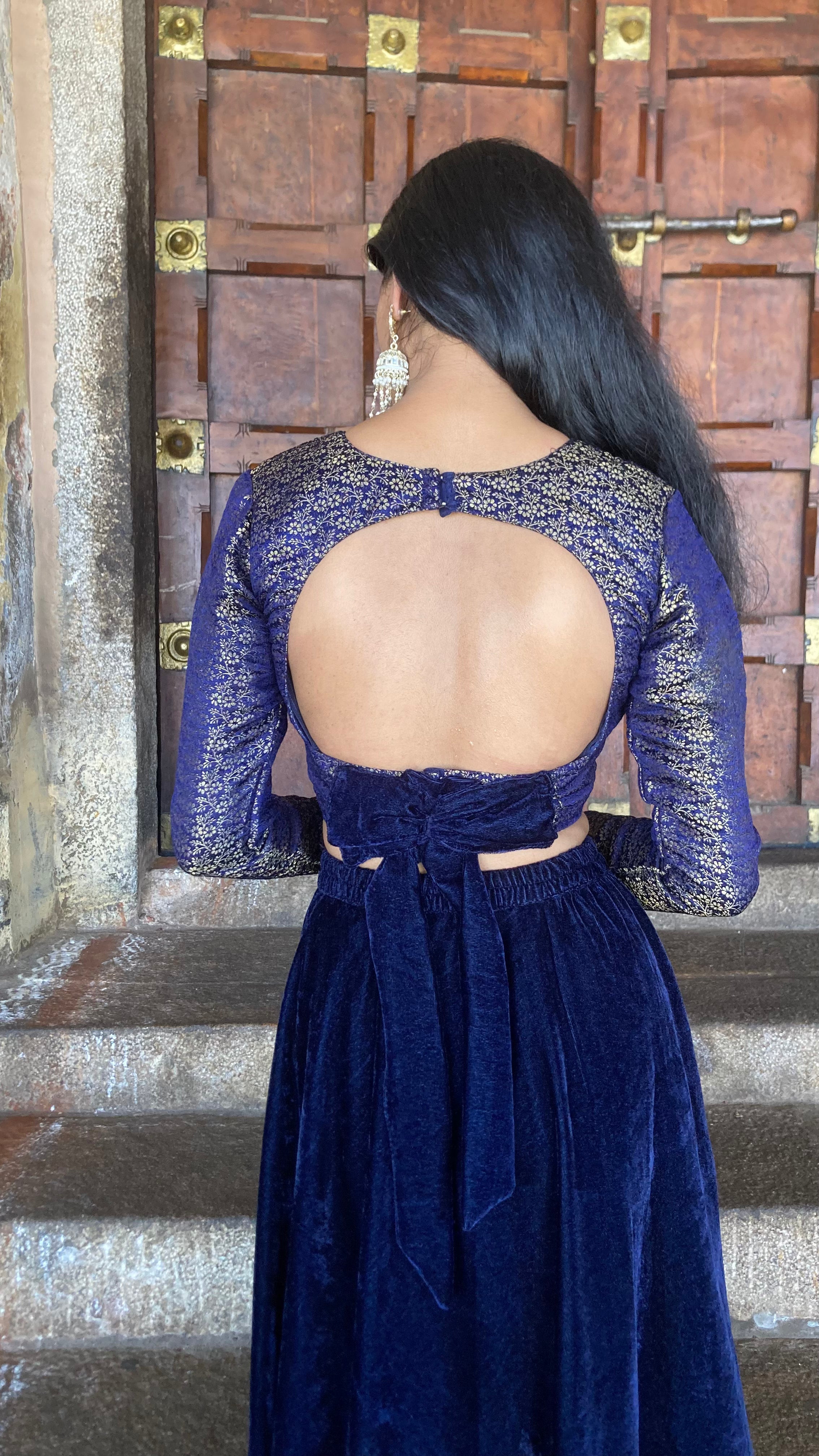 Banarasi Crop top and velvet skirt set