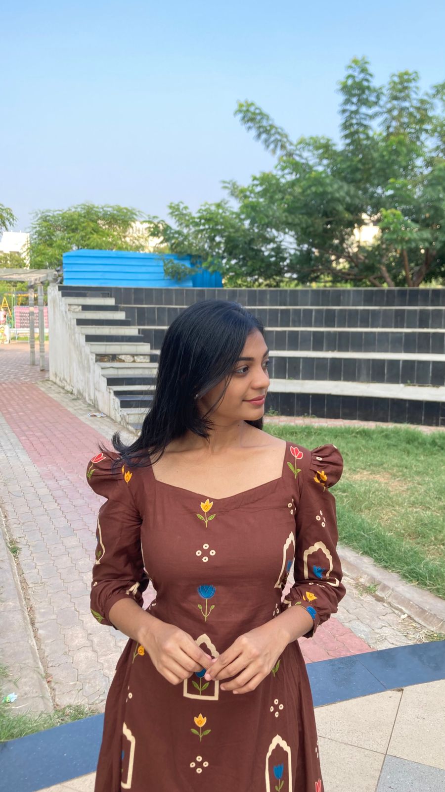 Aline frock with elastic back  -brown