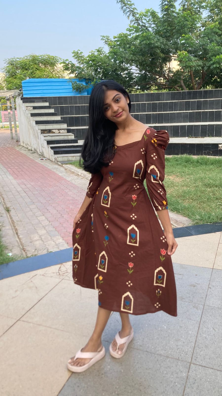 Aline frock with elastic back  -brown