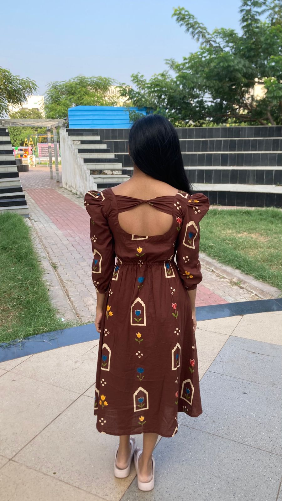 Aline frock with elastic back  -brown