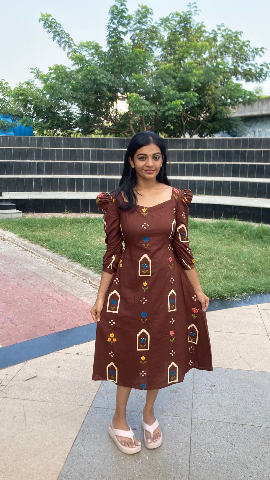 Aline frock with elastic back  -brown